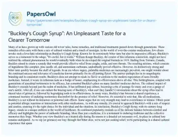 Essay on “Buckley’s Cough Syrup”: an Unpleasant Taste for a Clearer Tomorrow