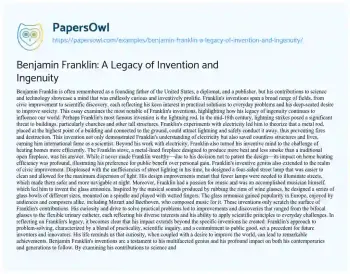 Essay on Benjamin Franklin: a Legacy of Invention and Ingenuity