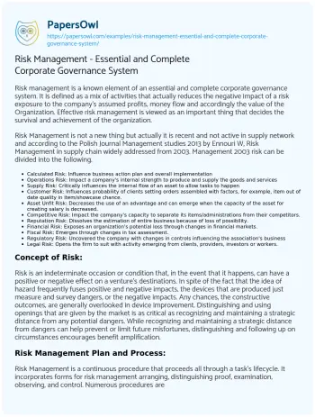 Essay on Risk Management – Essential and Complete Corporate Governance System