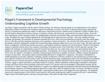 Essay on Piaget’s Framework in Developmental Psychology: Understanding Cognitive Growth