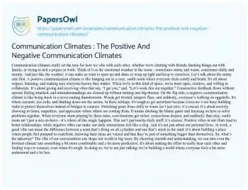 Essay on Communication Climates : the Positive and Negative Communication Climates