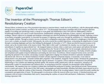 Essay on The Inventor of the Phonograph: Thomas Edison’s Revolutionary Creation