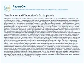 Essay on Classification and Diagnosis of a Schizophrenia