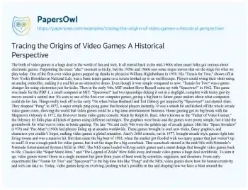 Essay on Tracing the Origins of Video Games: a Historical Perspective