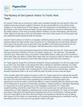 Essay on The Mystery of One Speech: Advice to Youth, Mark Twain