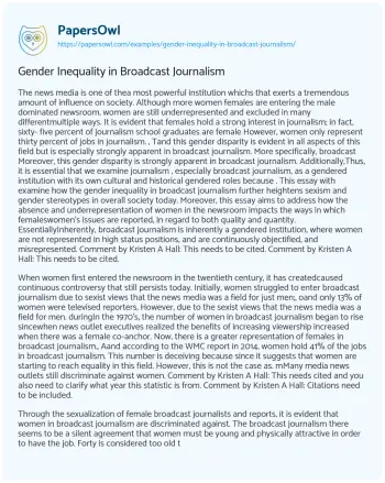 Essay on Gender Inequality in Broadcast Journalism