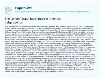 Essay on The Lemon Test: a Benchmark in American Jurisprudence