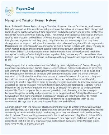 Essay on Mengzi and Xunzi on Human Nature