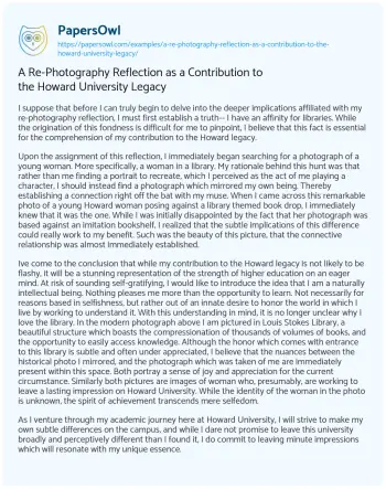 Essay on A Re-Photography Reflection as a Contribution to the Howard University Legacy