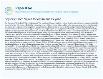 Essay on Shylock: from Villain to Victim and Beyond