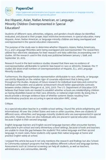 Essay on Are Hispanic, Asian, Native American, or Language-Minority Children Overrepresented in Special Education?