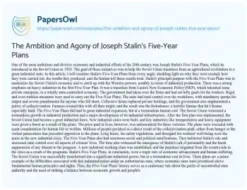 Essay on The Ambition and Agony of Joseph Stalin’s Five-Year Plans