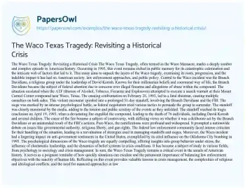 Essay on The Waco Texas Tragedy: Revisiting a Historical Crisis