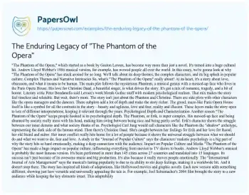 Essay on The Enduring Legacy of “The Phantom of the Opera”