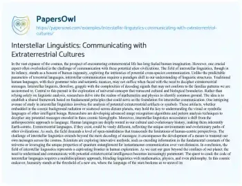 Essay on Interstellar Linguistics: Communicating with Extraterrestrial Cultures