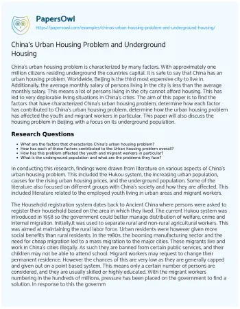 Essay on China’s Urban Housing Problem and Underground Housing 