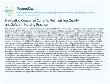 Essay on Navigating Contrarian Currents: Reimagining Quality and Safety in Nursing Practice