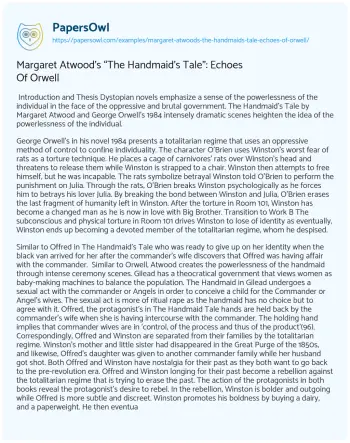 Essay on Margaret Atwood’s “The Handmaid’s Tale”: Echoes of Orwell