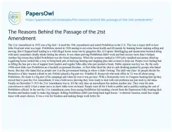 Essay on The Reasons Behind the Passage of the 21st Amendment