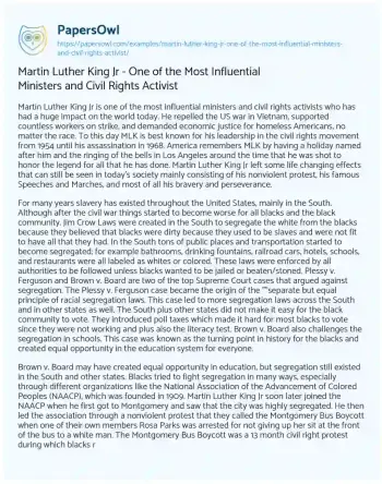 Essay on Martin Luther King Jr – One of the most Influential Ministers and Civil Rights Activist