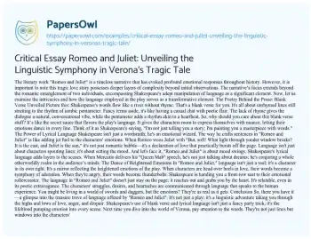 Essay on Critical Essay Romeo and Juliet: Unveiling the Linguistic Symphony in Verona’s Tragic Tale