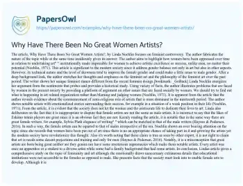 Essay on Why have there been no Great Women Artists?