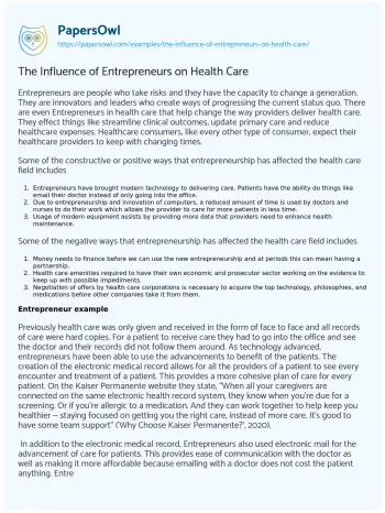 Essay on The Influence of Entrepreneurs on Health Care