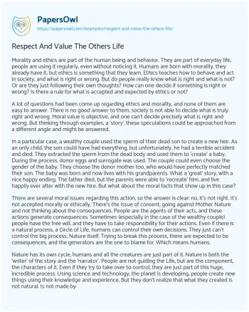 Essay on Respect and Value the Others Life