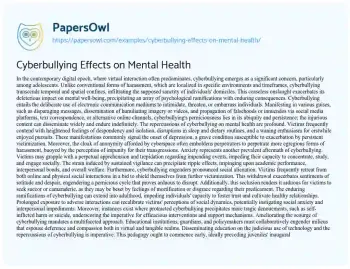 Essay on Cyberbullying Effects on Mental Health