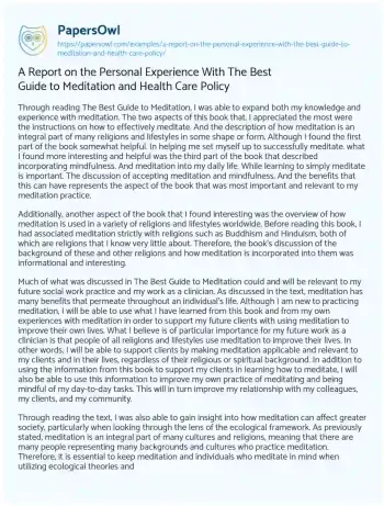 Essay on A Report on the Personal Experience with the Best Guide to Meditation and Health Care Policy