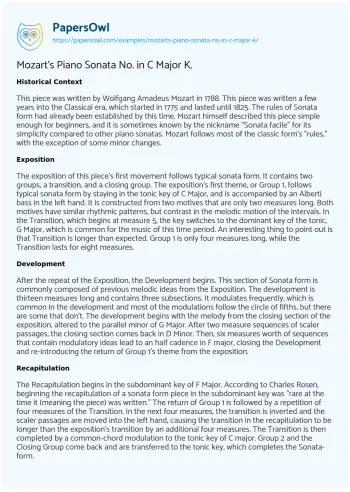 Essay on Mozart’s Piano Sonata No. in C Major K.