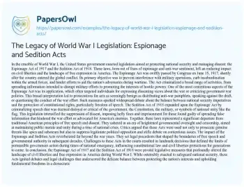 Essay on The Legacy of World War i Legislation: Espionage and Sedition Acts