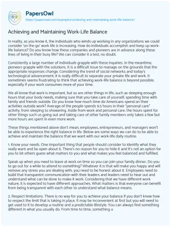 Essay on Achieving and Maintaining Work-Life Balance