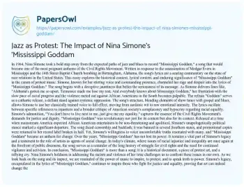 Essay on Jazz as Protest: the Impact of Nina Simone’s ‘Mississippi Goddam