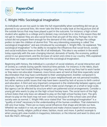 Essay on C. Wright Mills: Sociological Imagination