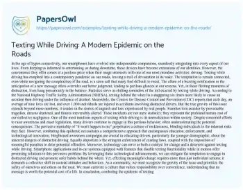 Essay on Texting while Driving: a Modern Epidemic on the Roads