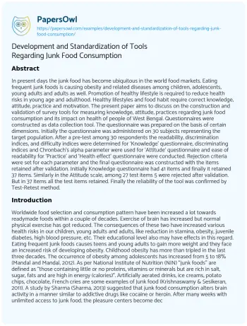 Essay on Development and Standardization of Tools Regarding Junk Food Consumption