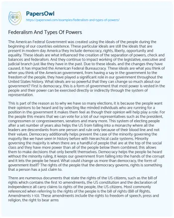 Essay on Federalism and Types of Powers