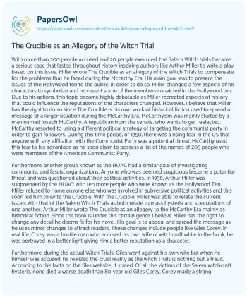 Essay on The Crucible as an Allegory of the Witch Trial