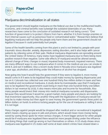 Essay on Marijuana Decriminalization in all States