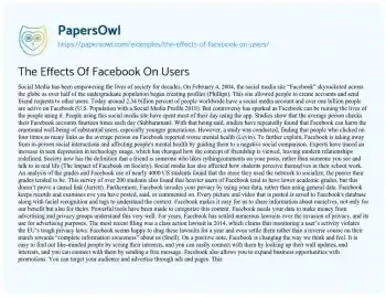 Essay on The Effects of Facebook on Users