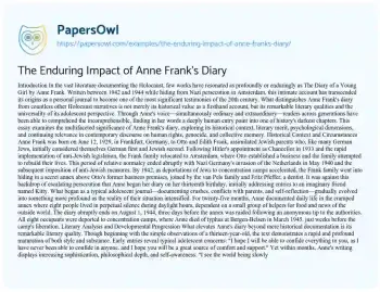 Essay on The Enduring Impact of Anne Frank’s Diary