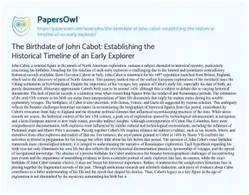 Essay on The Birthdate of John Cabot: Establishing the Historical Timeline of an Early Explorer