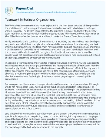 Essay on Teamwork in Business Organizations