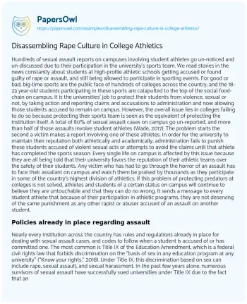 Essay on Disassembling Rape Culture in College Athletics