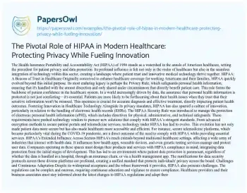 Essay on The Pivotal Role of HIPAA in Modern Healthcare: Protecting Privacy while Fueling Innovation