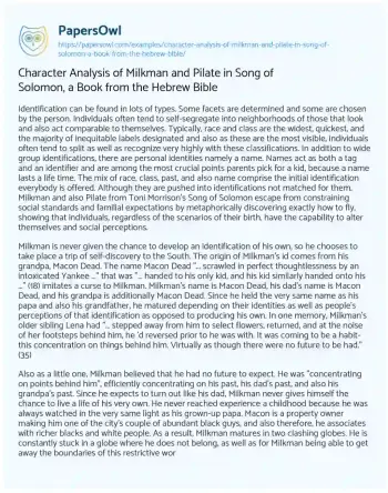 Essay on Character Analysis of Milkman and Pilate in Song of Solomon, a Book from the Hebrew Bible