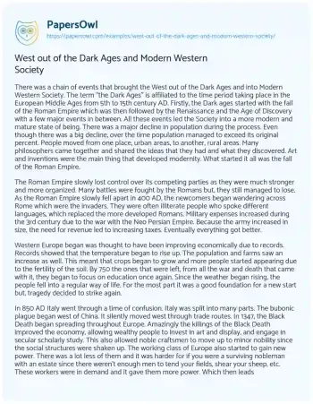 Essay on West out of the Dark Ages and Modern Western Society