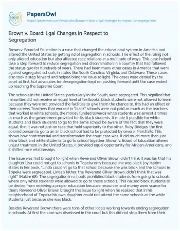 Essay on Brown V. Board: Lgal Changes in Respect to Segregation