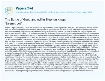 Essay on The Battle of Good and Evil in Stephen King’s ‘Salem’s Lot’